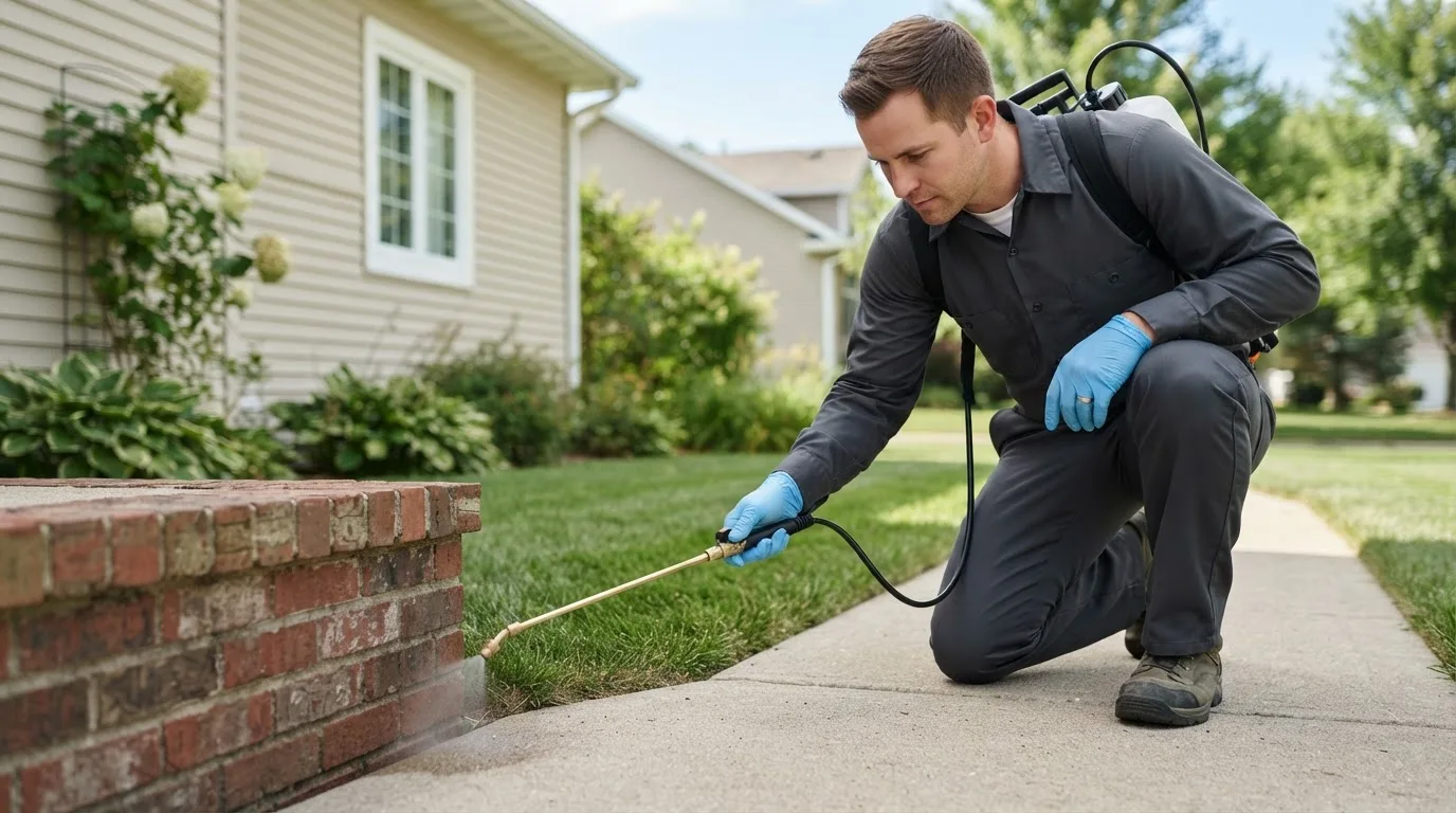 Pest control technician treating a home near Delancey, NY