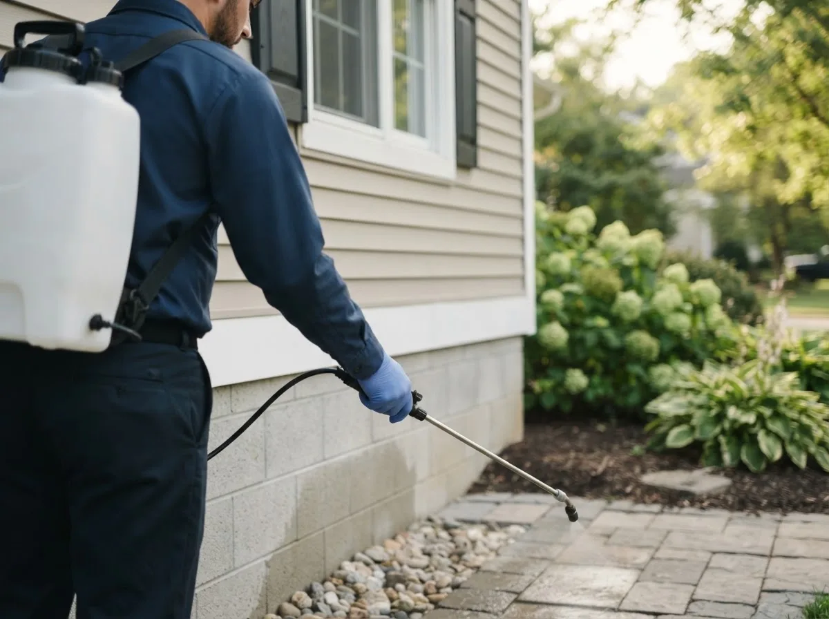 Pest control technician inspecting a home in Delancey, NY